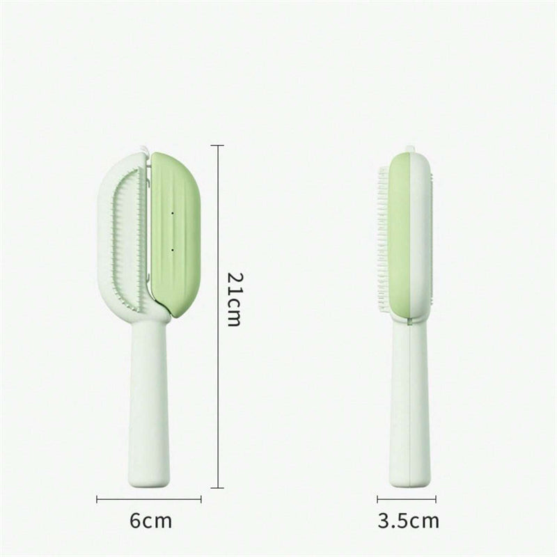 Green and white grooming brush with measurements on a white background